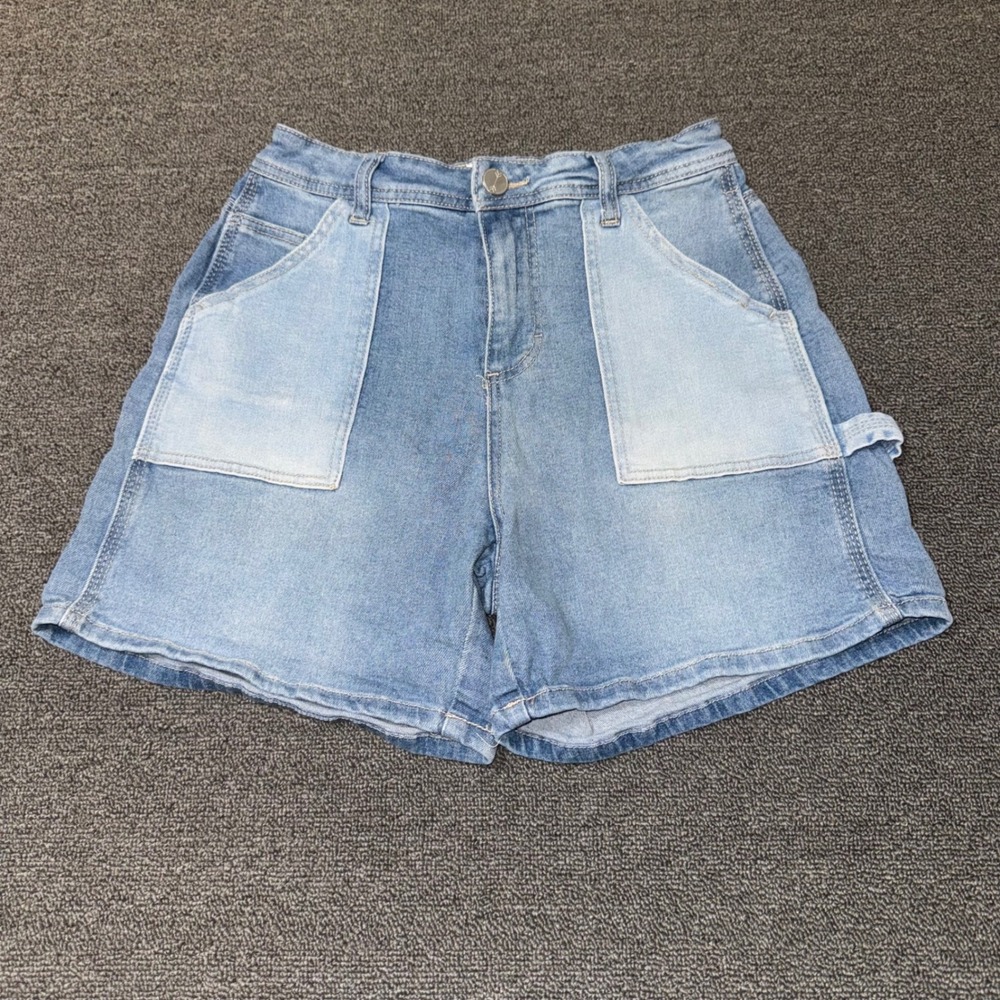 Banjara Two Tone Patchwork Denim Carpenter Shorts Light Wash Sz 3/25 Boho Summer